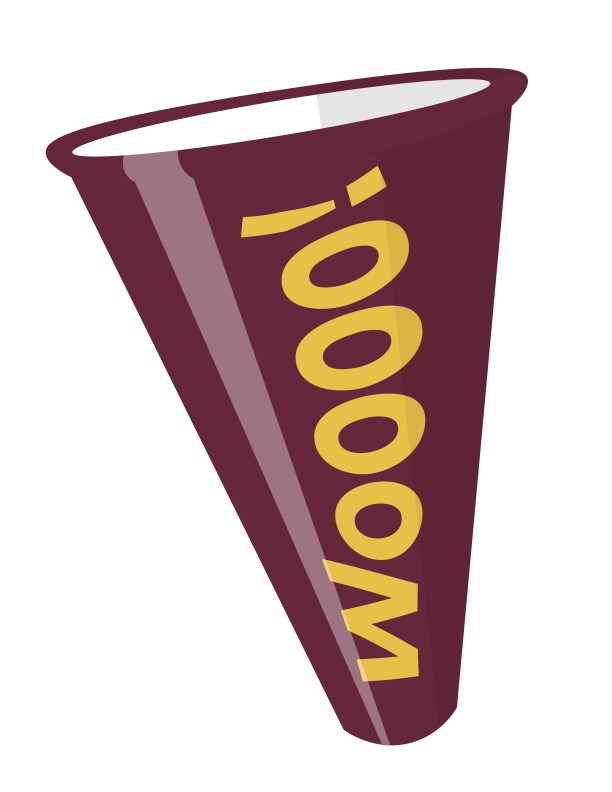 maroon megaphone with woooo! written on it