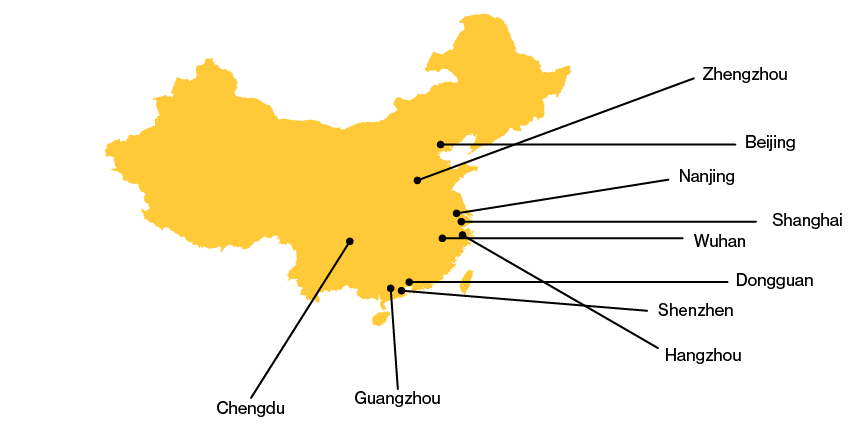 map of China with top ten cities listed
